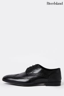 River Island Black Wide Fit Lace Up Brogue Derby Shoes (C20962) | SGD 58