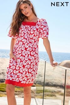 Red/White Shell Square Neck Short Sleeve Broderie Trim Dress (C20998) | 84 zł