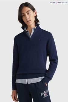 Blau - Tommy Hilfiger Pullover aus Baumwollmischung mit Kaschmir und kurzem Reißverschluss, Weiß (C21637) | 203 €