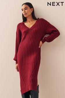 Berry Red Ribbed V-Neck Knit Jumper Dress (C21671) | AED72
