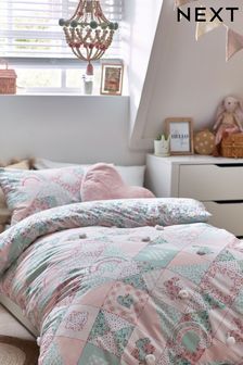 Pink Rainbow Patchwork Design with Poms 100% Cotton Duvet Cover and Pillowcase Set (C21694) | €32 - €44
