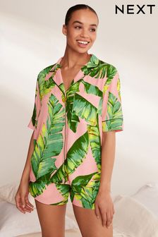 粉色棕櫚葉 - 梭織排扣短睡衣套裝 (C22022) | HK$283