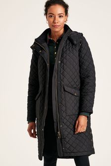 Joules Chatsworth Black Showerproof Long Diamond Quilted Coat With Hood (C22152) | €213