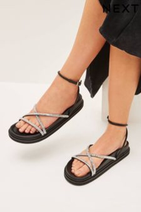 Black Chunky Jewelled Footbed Sandals with Ankle Wrap Strap (C22268) | 50 €