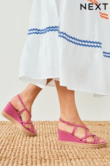 Pink Forever Comfort Leather Asymmetric Strappy Wedges (C22494) | $57