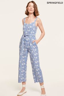 Springfield - Lange blauwe linnen jumpsuit met bloemenprint (C22654) | €31