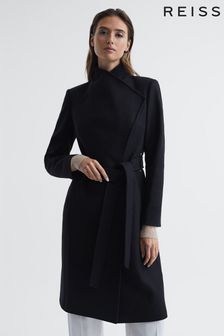 Reiss Black Belle Wrap Collar Belted Coat (C22695) | €435