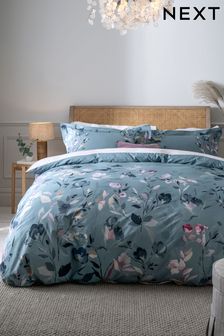 Blue/White Floral Oxford Edge Reversible 100% Cotton Duvet Cover and Pillowcase Set