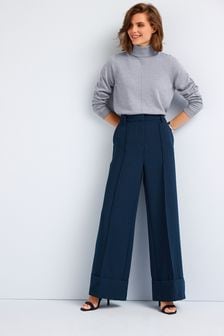 Navy Blue Tailored Wide Leg Turn Up Trousers (C22784) | €21