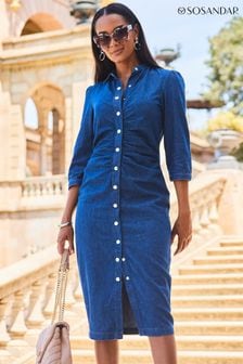 Sosandar Blue Ruched Waist 3/4 Sleeve Midi Dress (C23010) | 38,440 Ft