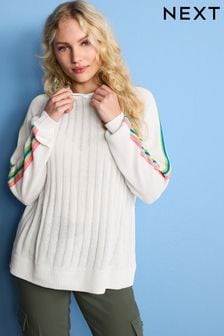 Ecru White/Rainbow Sleeve Rib Detail Knit Hoodie with Linen (C23033) | €16