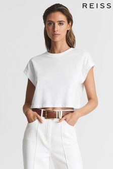 Reiss White Terry Cotton Crew Neck Crop Top (C23166) | AED216