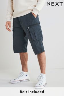 Navy Blue Long Length Belted Cargo Shorts (C23299) | $54