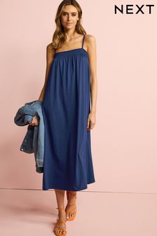 Navy Blue Strappy Cami Shirred Midi Dress (C23434) | €18