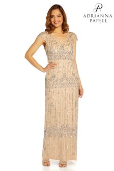 Adrianna Papell Silver Beaded Popover Column Gown (C23735) | $493
