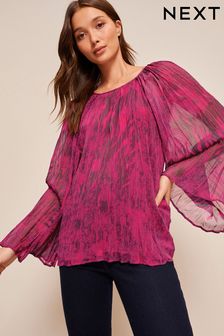 Pink Abstract Print Long Sleeve Pleated Top (C23823) | €28