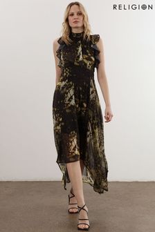 Religion Yellow High Low Eclipse Maxi Dress with Ruffle Sleeve (C23842) | $264