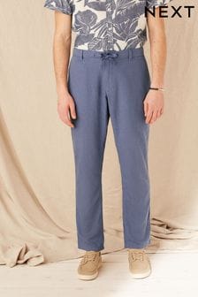 Niebieski - Spodnie domieszką lnu i ze ściągaczem (C24001) | 85 zł