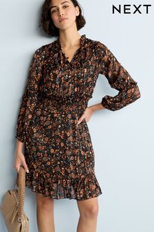 Black/Brown Floral Printed Chiffon Shirred Waist Ruffle Mini Dress (C24275) | €20
