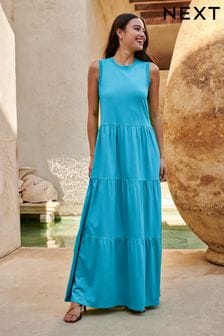 Bright Blue Sleeveless Crew Neck Tiered Summer Maxi Dress (C24293) | €31