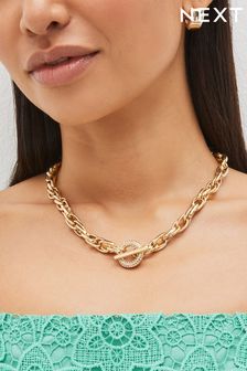 Gold Tone Sparkle T-Bar Chain Necklace (C24413) | CA$43