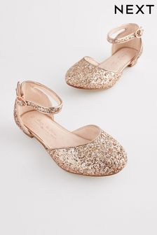 Rose Gold Glitter Occasion Ankle Strap Low Heel Shoes (C24655) | $43 - $55