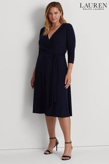 Lauren Ralph Lauren Curve Navy Blue Stretch Wrap Carlyna Midi Dress (C24681) | €98