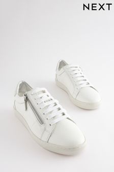 White Wide Fit Signature Leather Side Zip Trainers (C24780) | €38