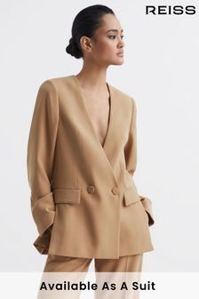 Reiss Neutral Margeaux Collarless Double Breasted Suit Blazer (C25040) | €381