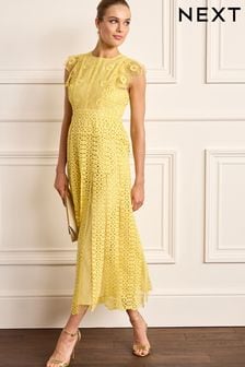 Yellow Crochet Lace Short Sleeve Occasion Midi Dress (C25374) | 503 zł