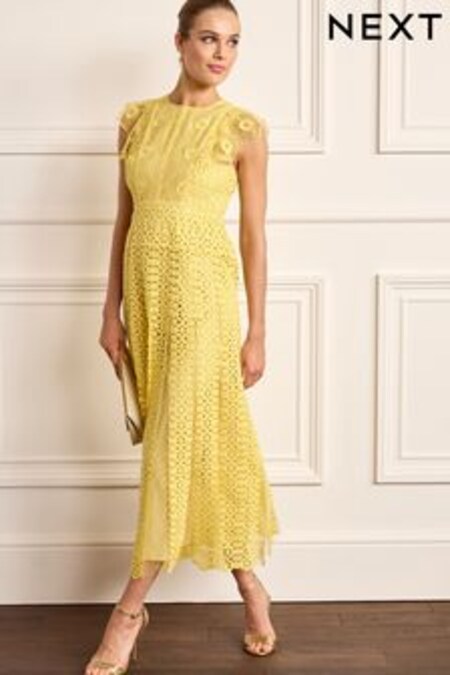 Желтый - Ажурное кружевное платье миди для особых случаев с короткими рукавами (C25374) | 59 930 тг