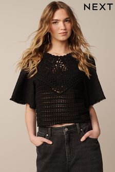 Black Crochet Woven Short Sleeve Top (C25428) | $61
