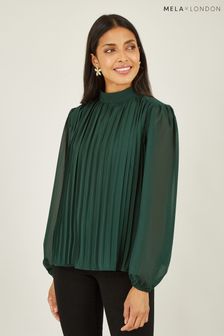 Mela Green Pleated Long Sleeve Top With High Neck (C25462) | 173 QAR