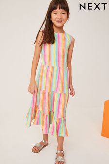 Pink/Yellow/Green Stripe Back Detail Jersey Tiered Midi Dress (3-16yrs) (C25540) | €12.50 - €15.50