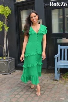 Ro&Zo Green Shoulder Frill Tiered Maxi Dress (C25671) | AED720