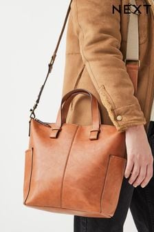 Tan Brown Contrast Strap Handheld Shopper Bag (C25743) | 14,480 Ft