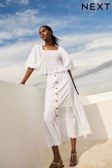 White Button Through 100% Cotton Midi Skirt (C26349) | 111 zł