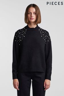 PIECES Black High Neck Pearl Detail Jumper (C26475) | OMR20