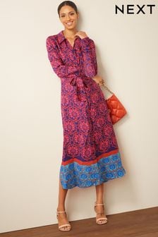 Roza s potiskom obrob - Srednje dolga srajčna obleka z dolgimi rokavi in pasom (C26572) | €48