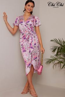 Chi Chi London Purple Short Sleeve V-Neck Floral Midi Dress (C26598) | OMR34