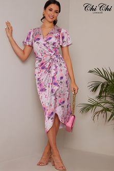 Chi Chi London Purple Short Sleeve V-Neck Floral Midi Dress (C26598) | AED360