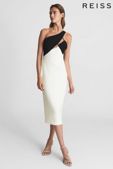 Reiss White Elodie One Shoulder Bodycon Midi Dress (C26657) | $332