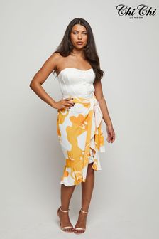 Chi Chi London Yellow Ruffle Printed Wrap Midi Skirt (C27126) | $80