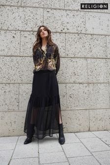 黑色 - Religion透明絲質軟及短襯裡褶層長洋裝裙 (C27263) | NT$2,800