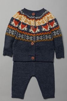 Set de două piese pulover și pantaloni tricotați cu model fairisle Bonjour Bebe Albastru (C27647) | 160 LEI