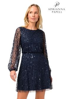 Adrianna Papell Studio Perlenbesticktes kurzes Kleid mit langen Ärmeln, Blau (C27766) | 100 €