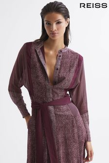 Reiss Burgundy Tanis Petite Mixed Print Midi Dress (C27866) | SGD 684
