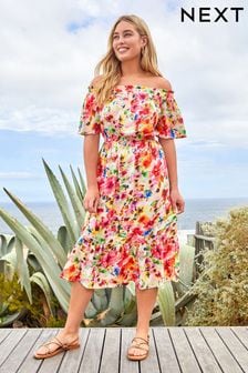 Rose à petites fleurs - Robe d’été mi-longue à épaules dénudées (C28016) | €16