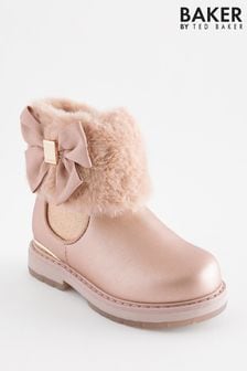 Baker by Ted Baker Girls Pink Faux Fur Cuff Boots with Bow (C28089) | KRW102,500