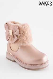 Baker by Ted Baker Girls Pink Faux Fur Cuff Boots with Bow